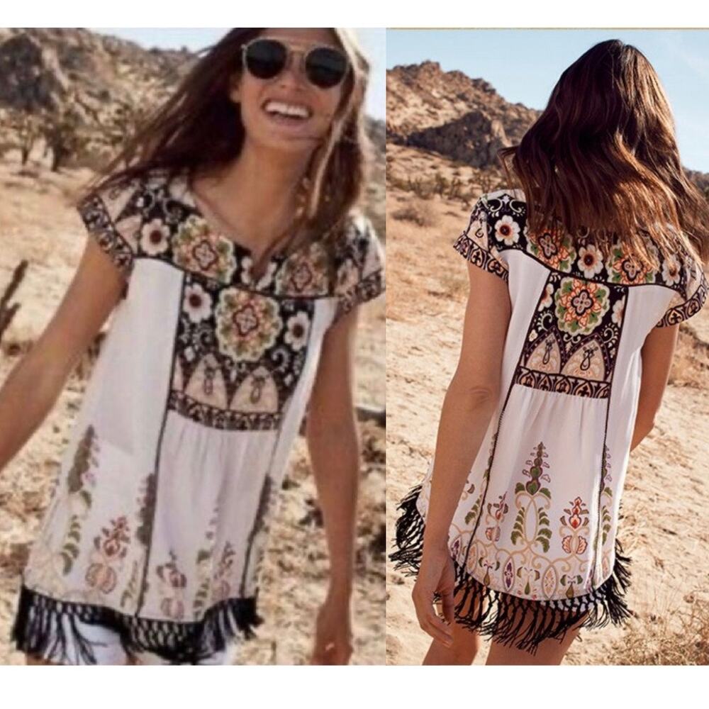 Vanessa Virginia Anthropologie Womens Augustina Fringe Boho Tunis Blouse Size XS